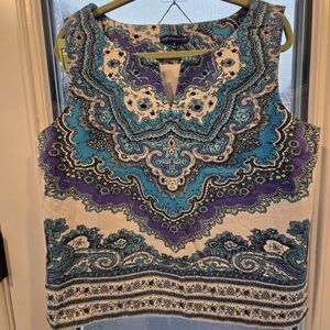 Talbots RSVP Paisley Shell Print V-Neck Tank Turquoise Purple Women's 18 Zipper